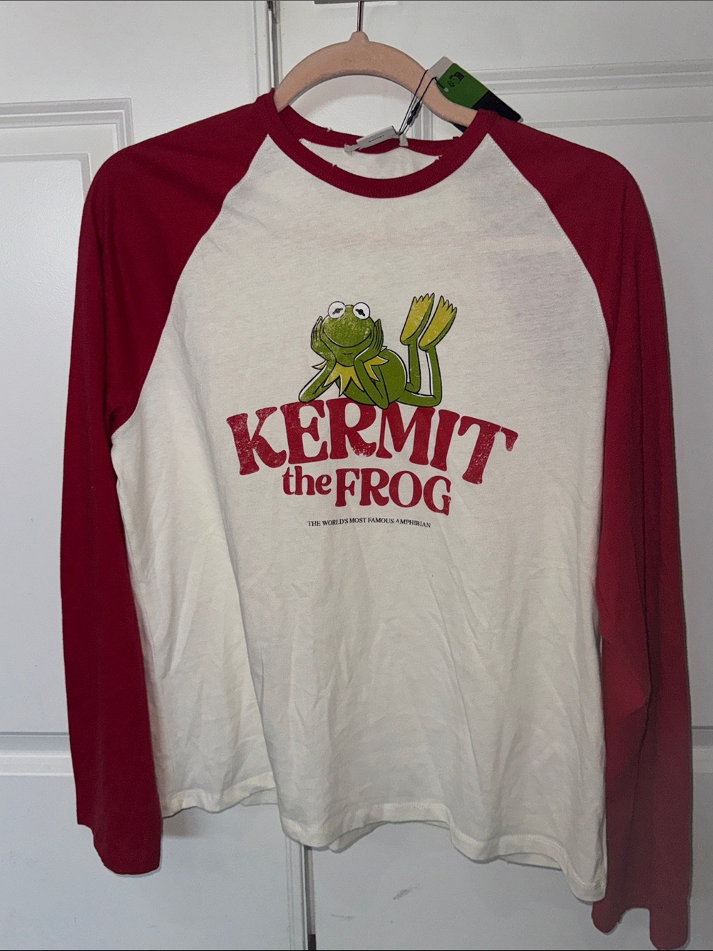 Zara White and Red Kermit the Frog Raglan Long Sleeve Tee